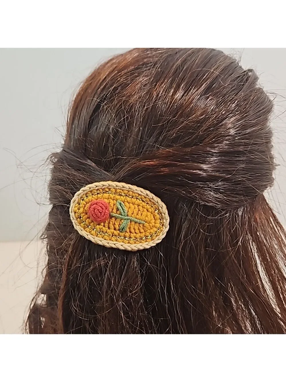 Hand Crafted Hand Knit Crochet  Hair Clip Red Rose embroidered Snap Clip 2.5